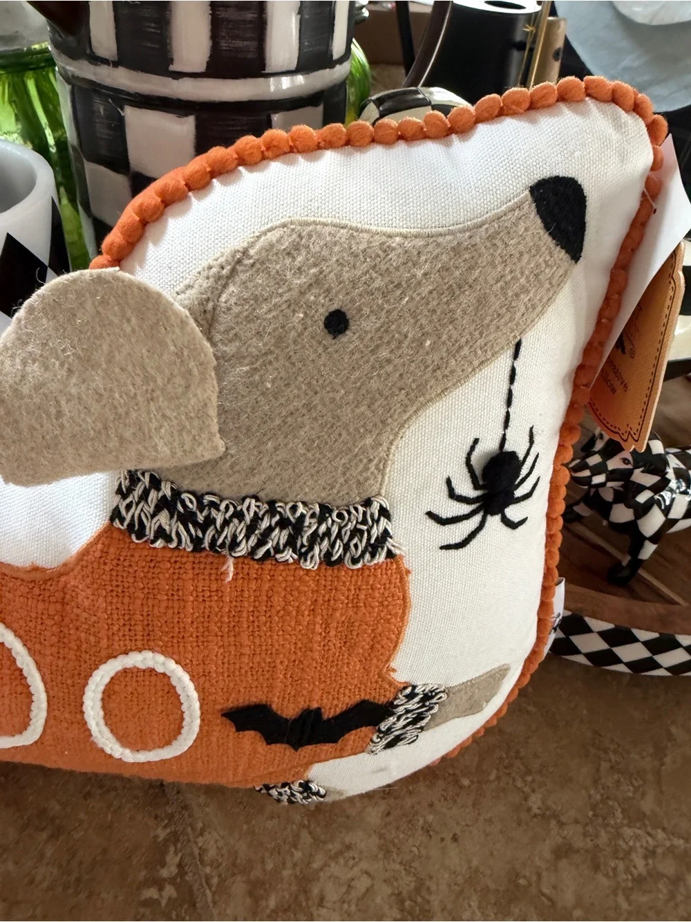 Dachshund Halloween decorative pillow with 3-D designs Spider Bats